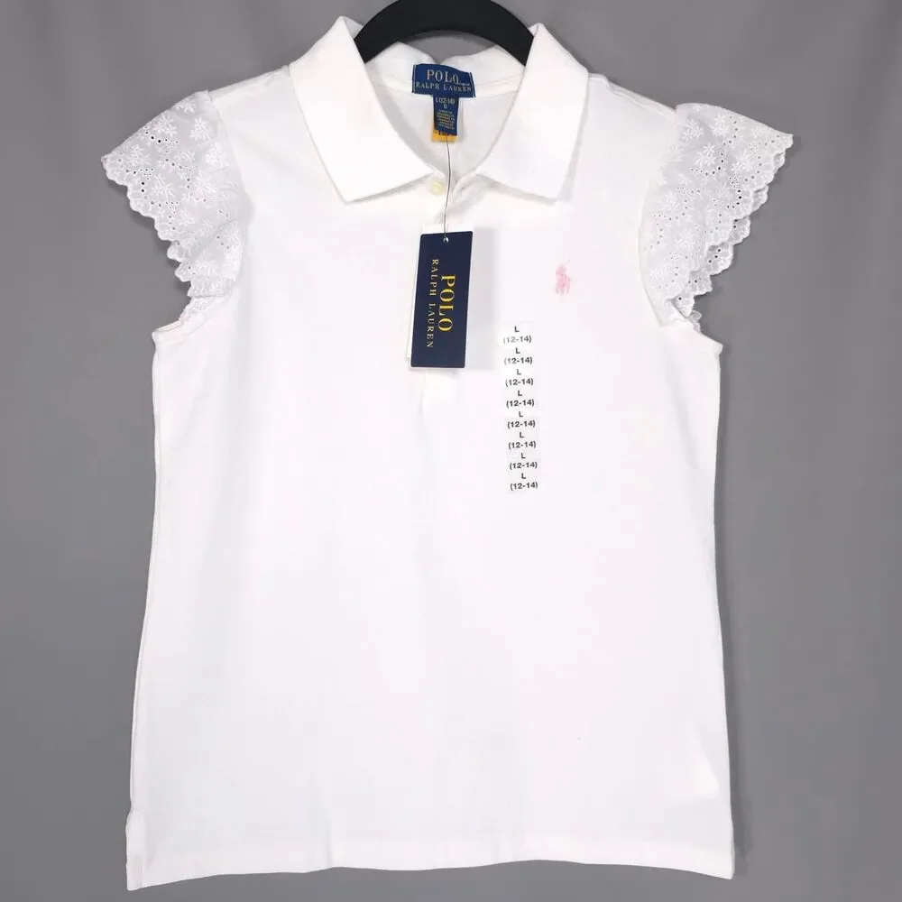 POLO RALPH LAUREN Kids Girls New Polo Shirt LARGE 12-14 White Flutter Sleeve‎